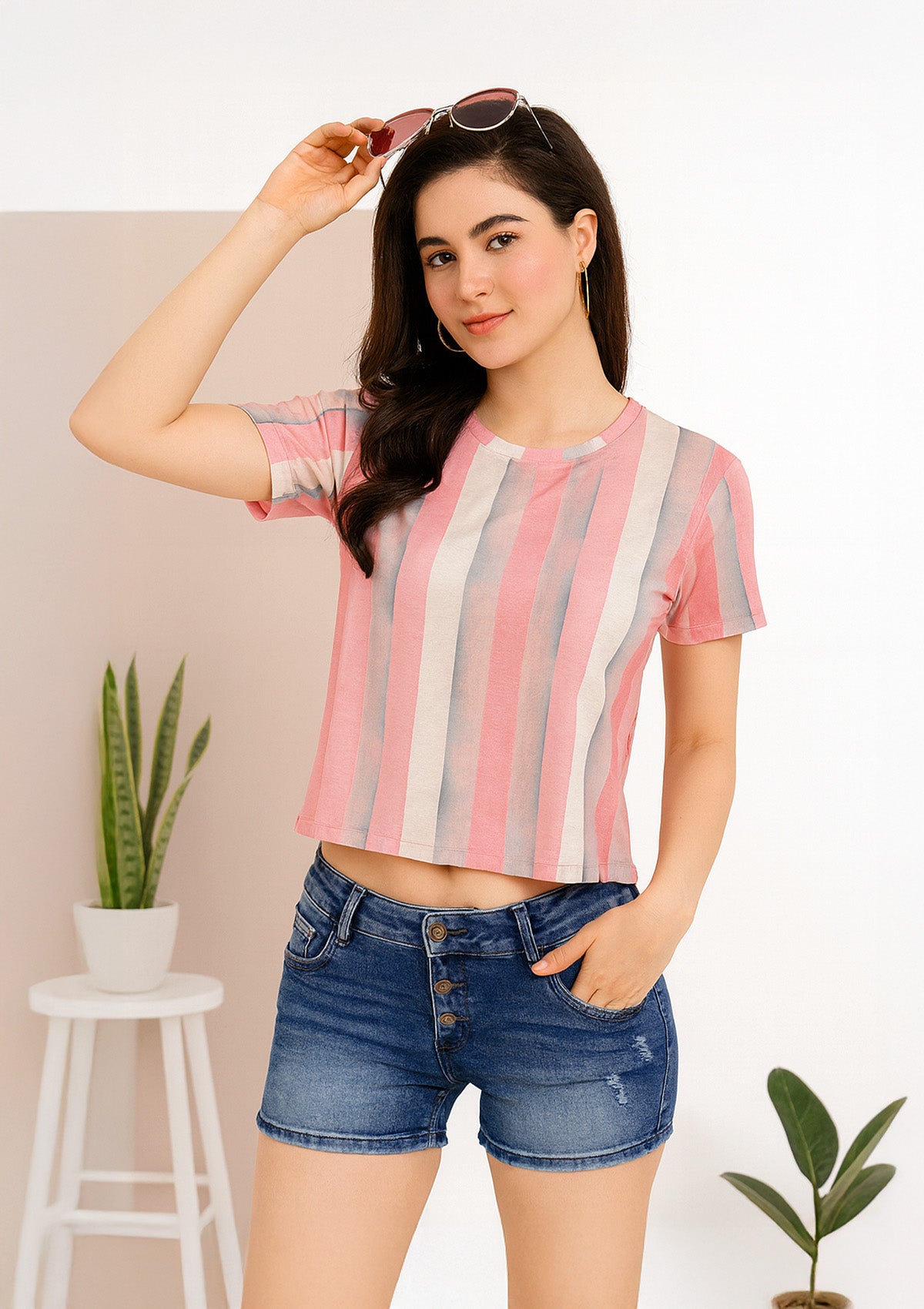 Women’s Striped T‑Shirt – Dusty Pink Soft Cotton Blend