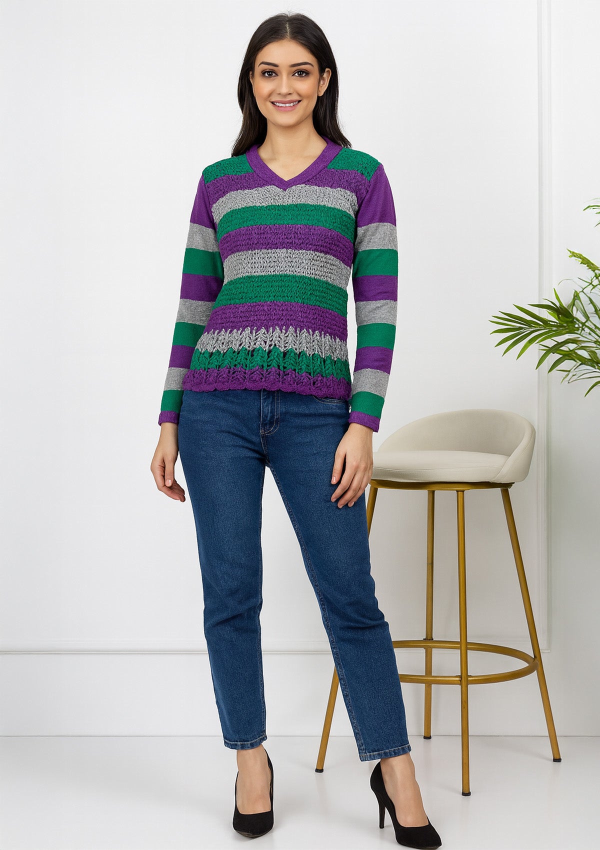 Premium Woolen Top for Women – V‑Neck Crochet‑Look Knit