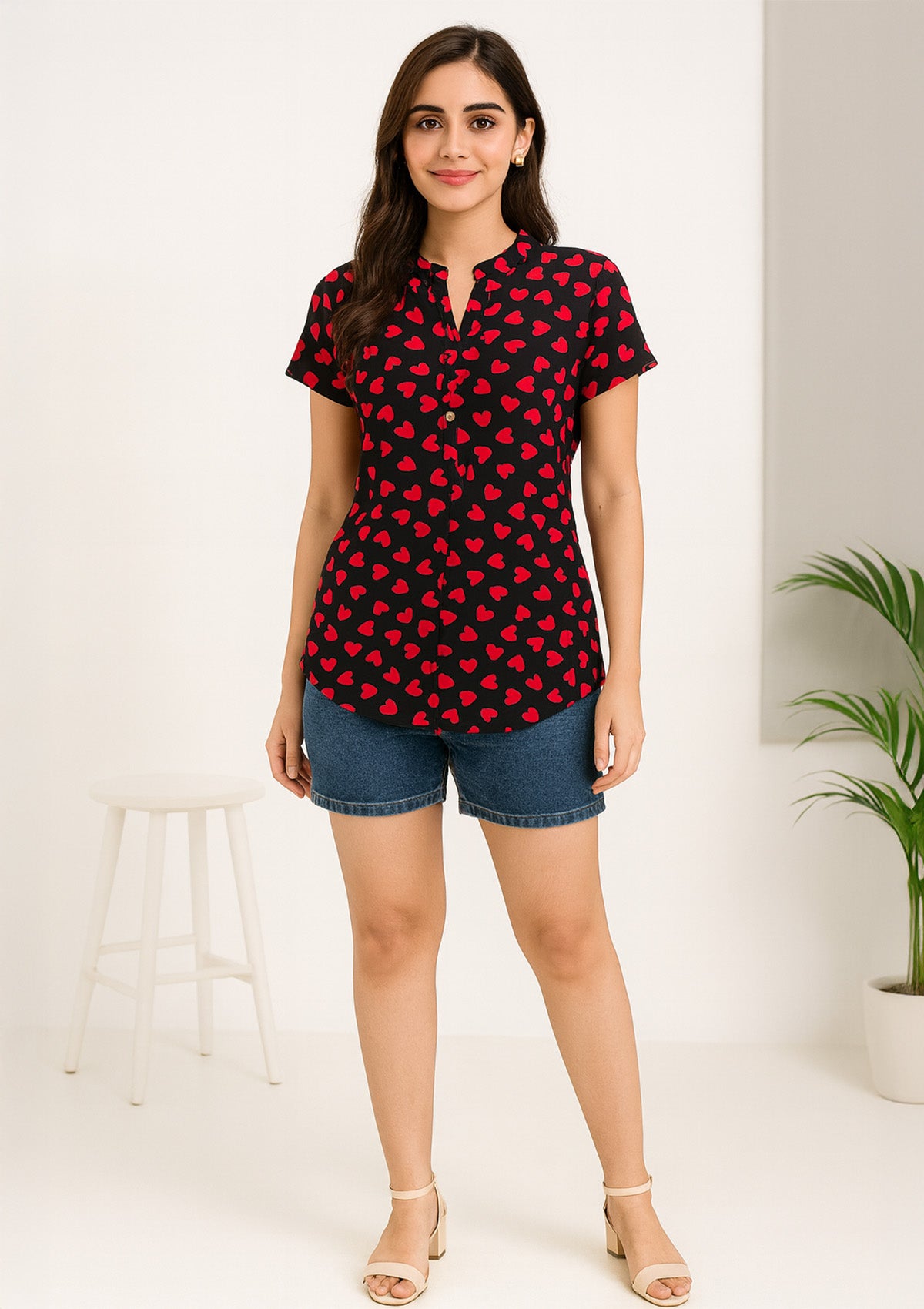 Women’s Black Cotton Hosiery Top – Red Heart Print
