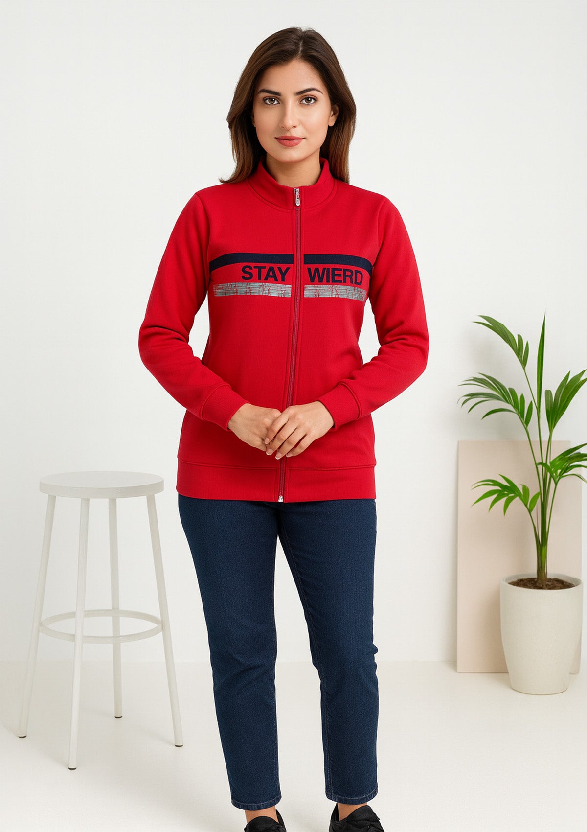 Premium Stand Collar Zip Sweatshirt - Red Winter Layer