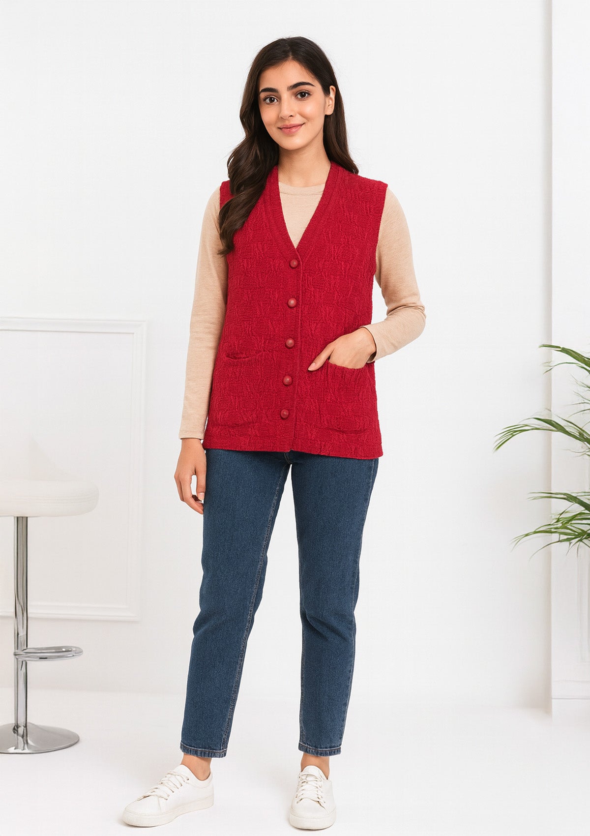 Women's Red Sleeveless Knit Cardigan – V-Neck