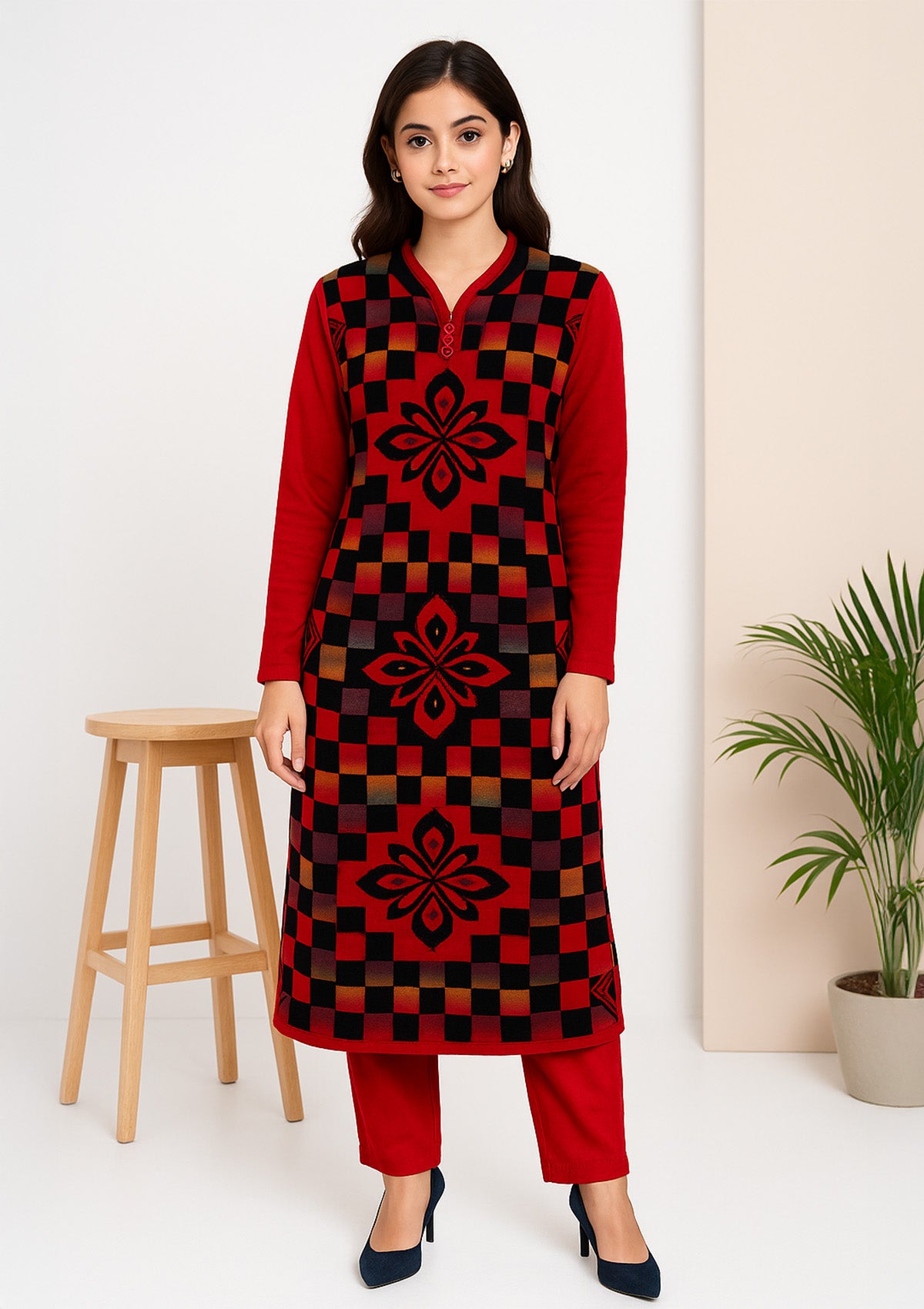 Red Geometric Winter Knit Kurti – Checkered Jacquard