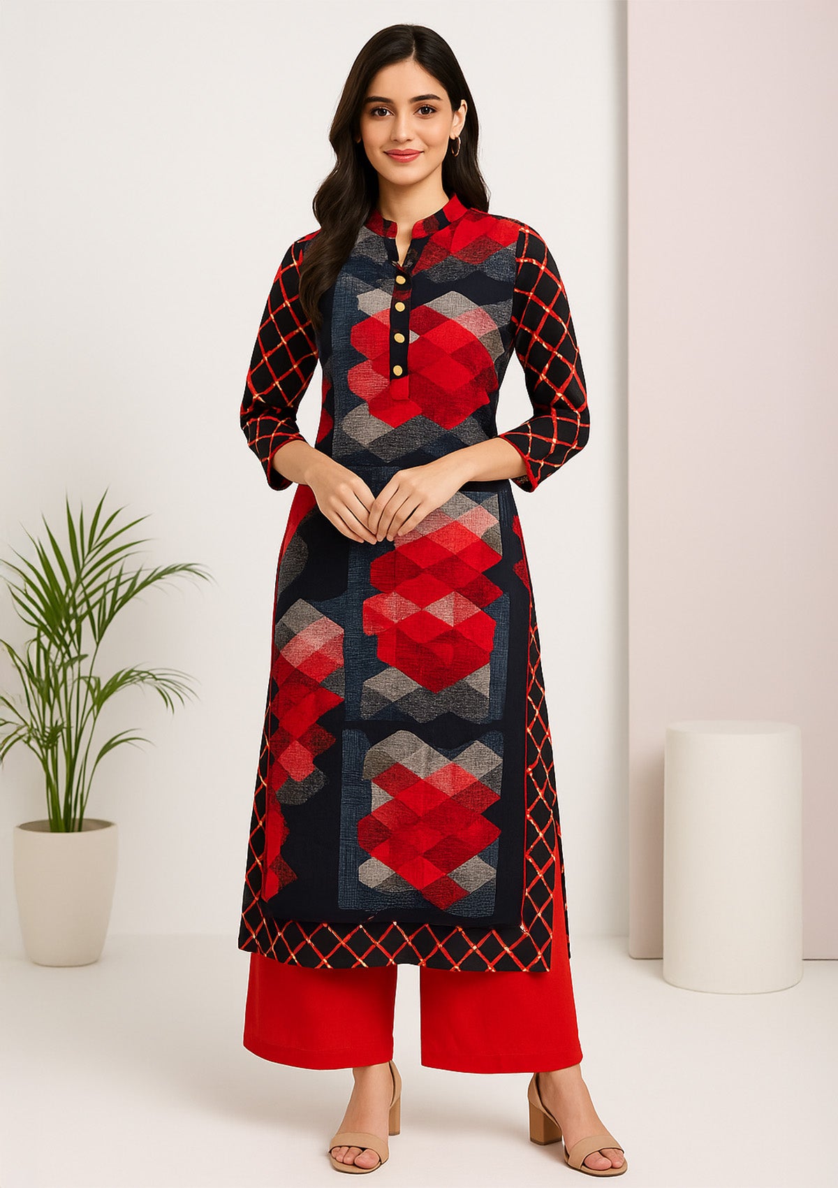Women Rayon Straight Kurti – Navy Geometric Cube Print