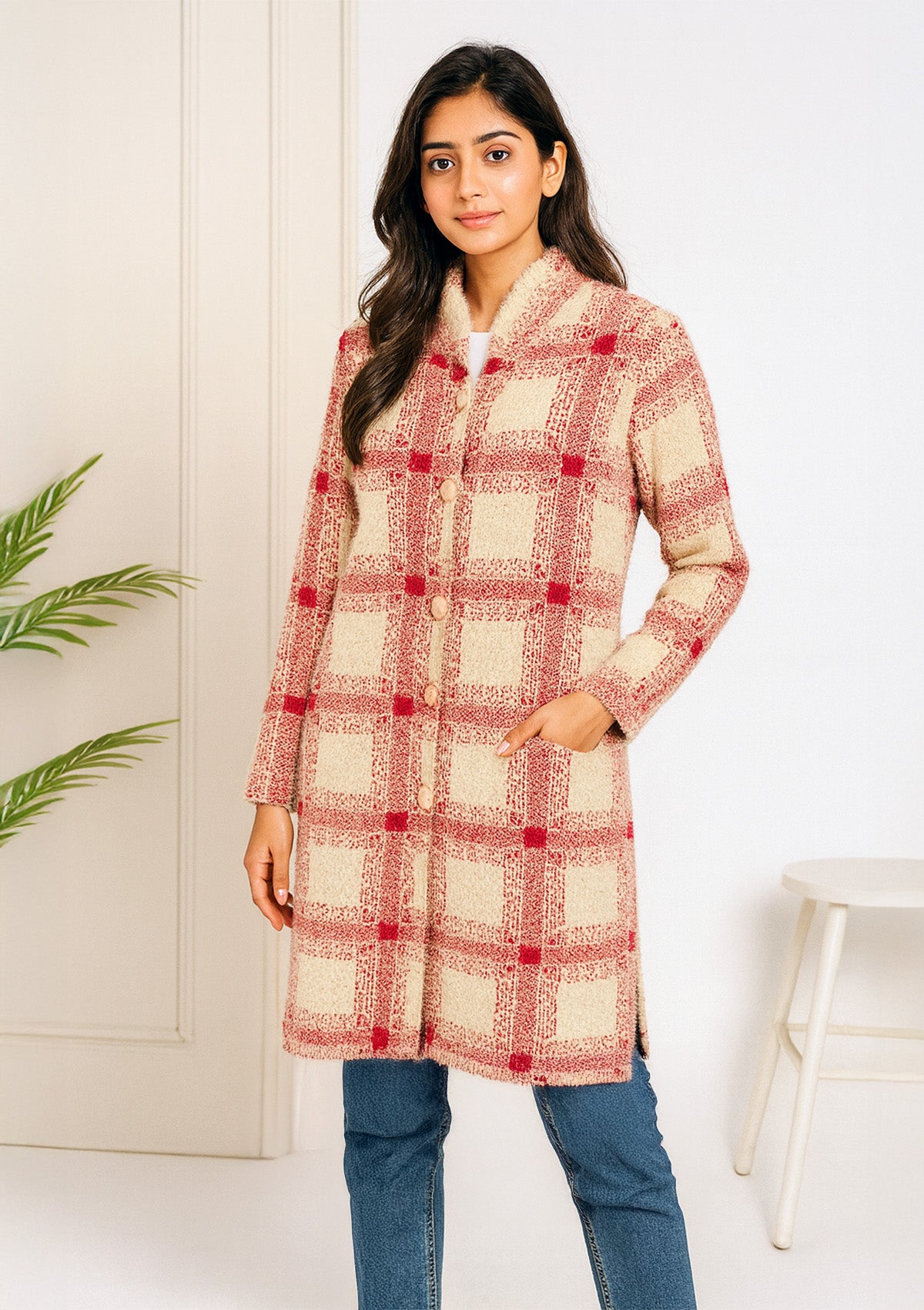 Women Feather Wool Long Cardigan – Cream & Red Check