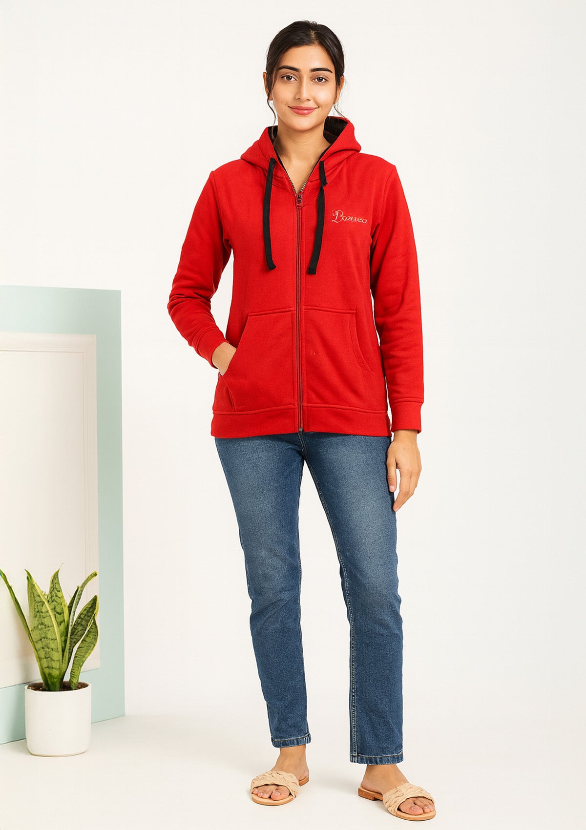 Red Fleece Zip Hoodie for Women – Soft Brushed Feel