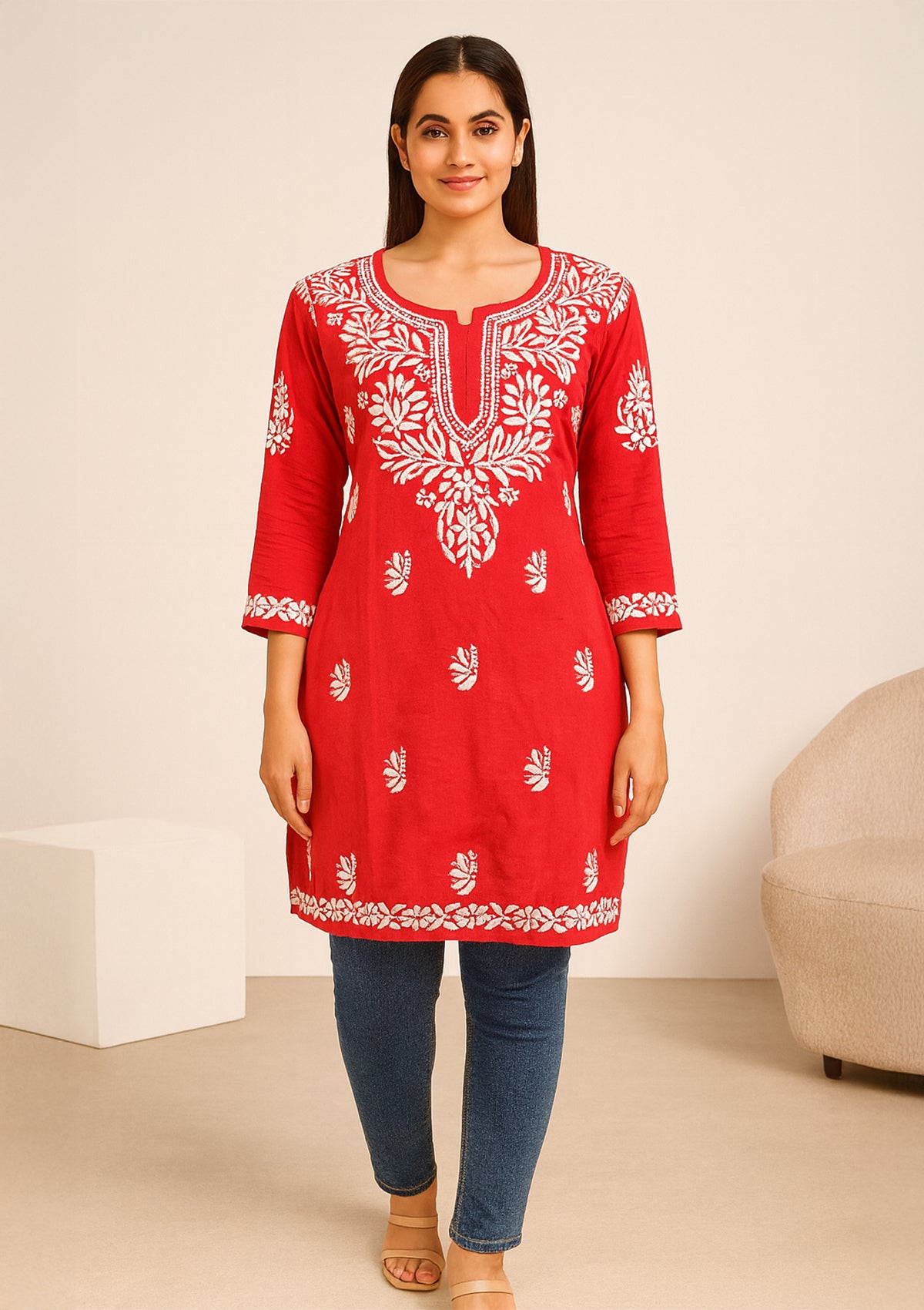 ClothingSutra Red Mandhal Kurti with White Chikankari Embroidery - Short 40