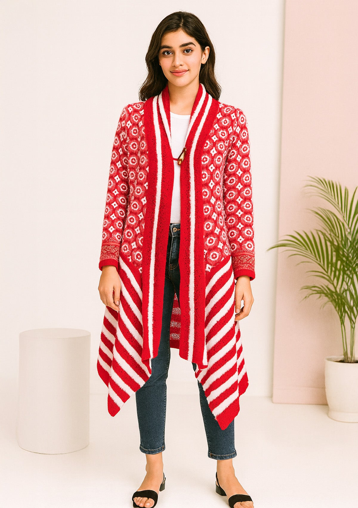 Cozy Winter Layer Red & White Knit Shrug – Nordic Pattern