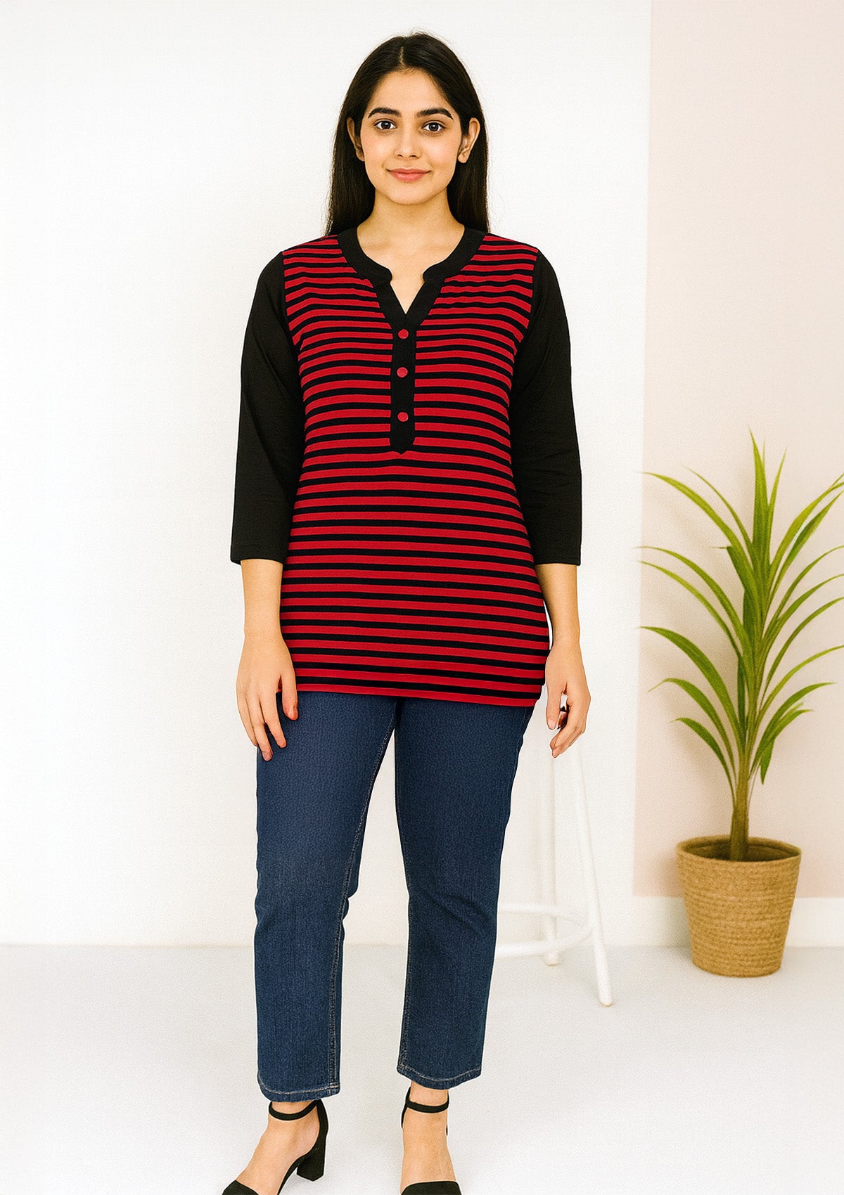 Women's Dusty Red & Black Cotton Top – Striped Long Sleeve Henley