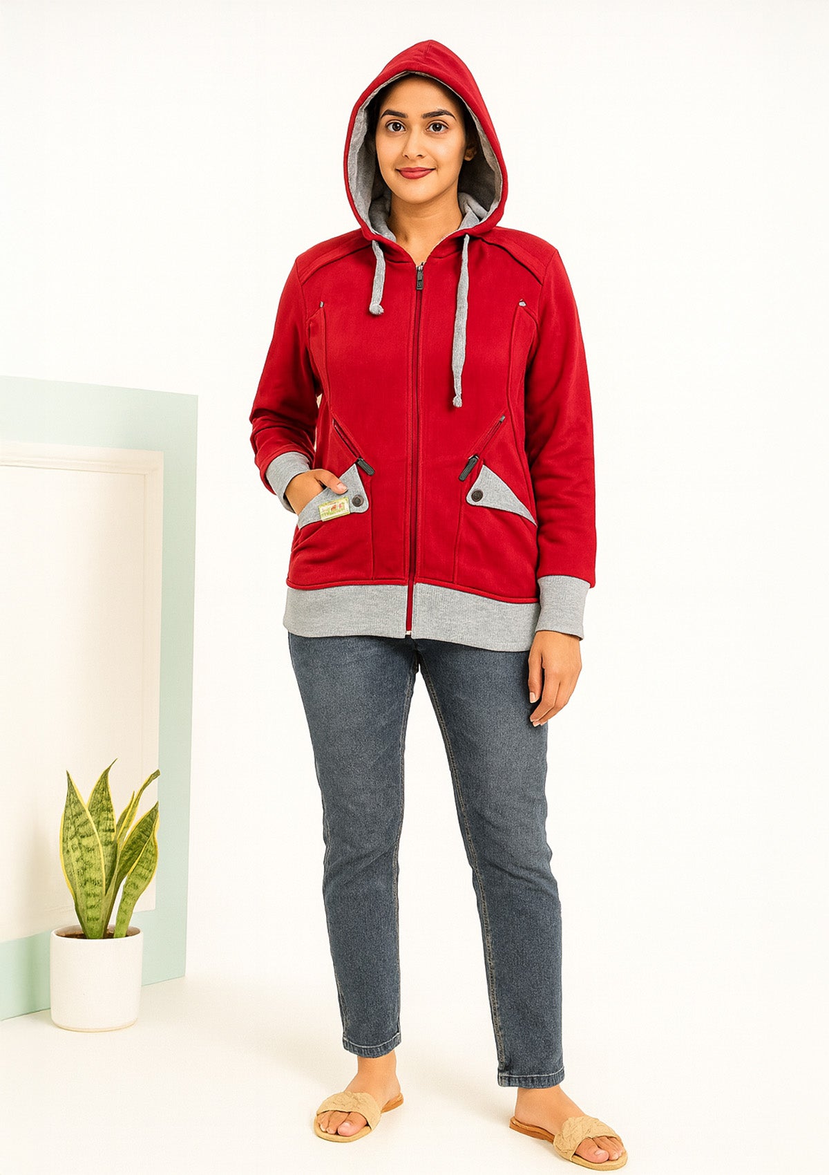 Premium Red Cotton Fleece Hoodie – Contrast Pocket