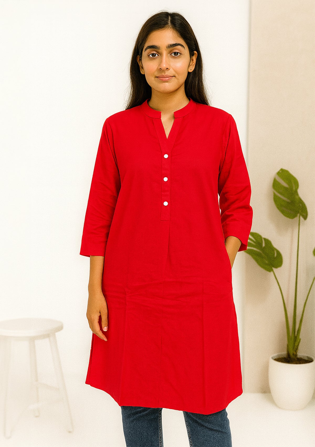 Women’s Red Rayon Kurta – Solid & Button Placket