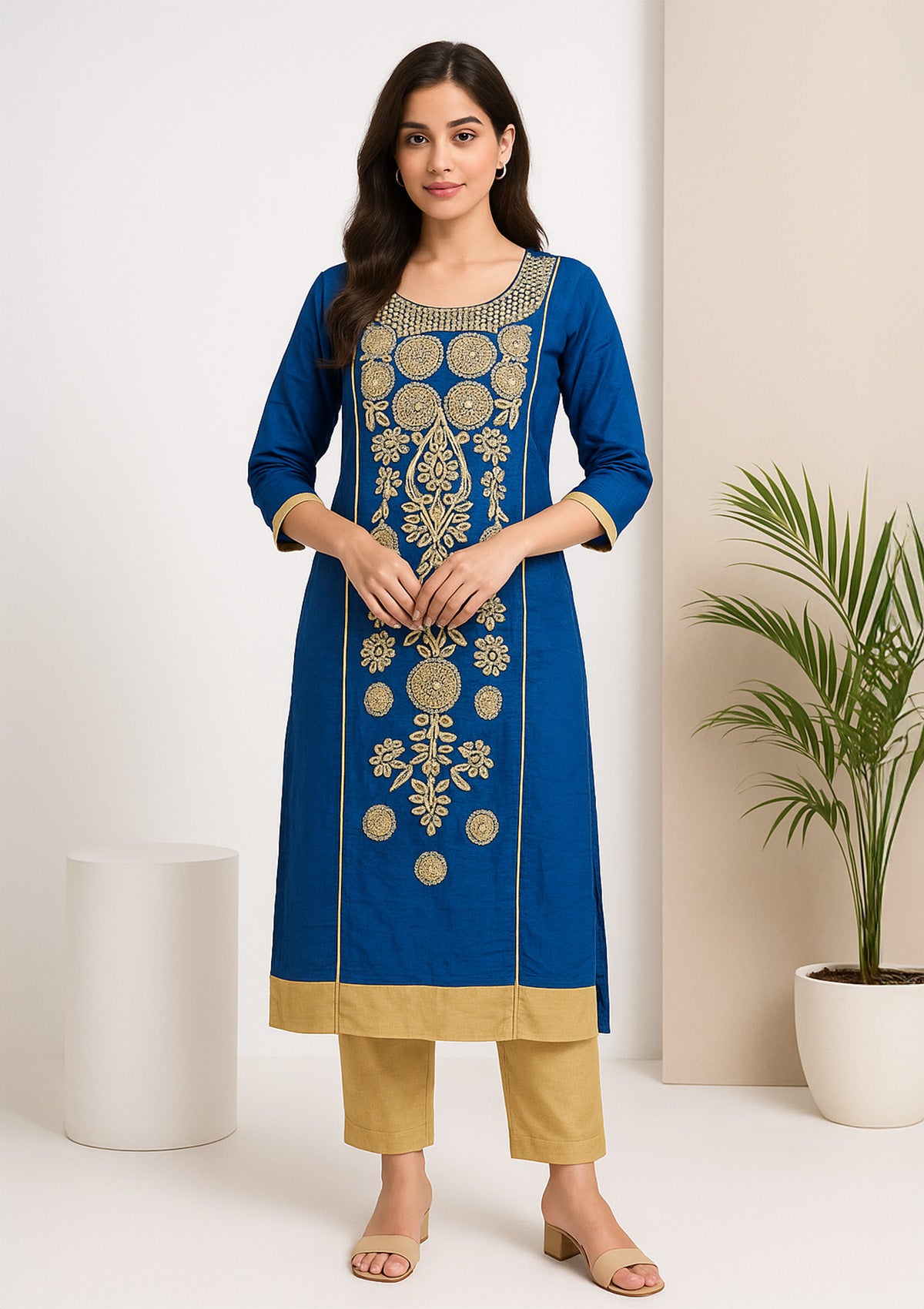 Women’s Royal Blue Embroidered Kurti – Heavy Neck & Panel Work