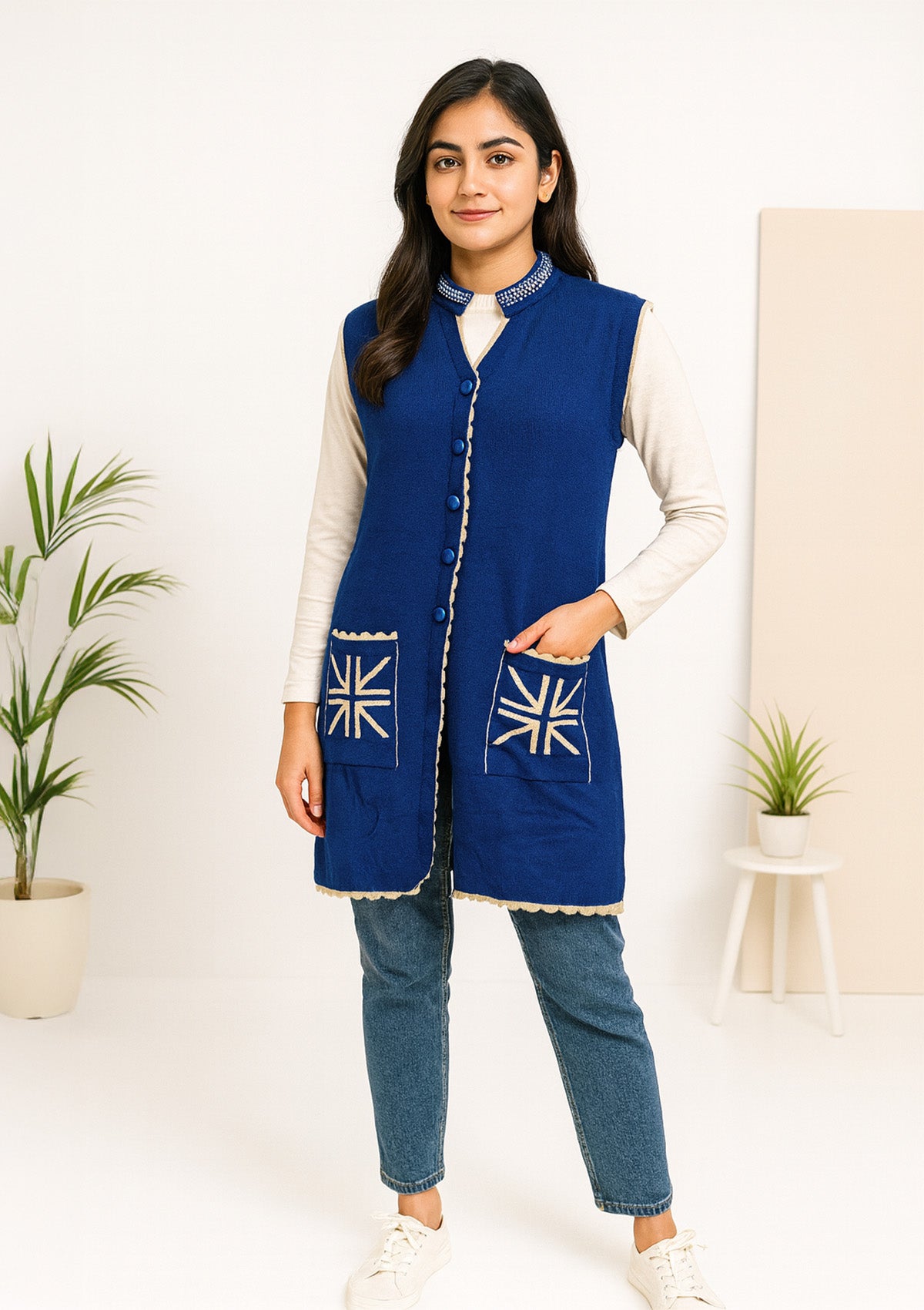 Women's Royal Blue Sleeveless Knit Cardigan – Contrast Trim