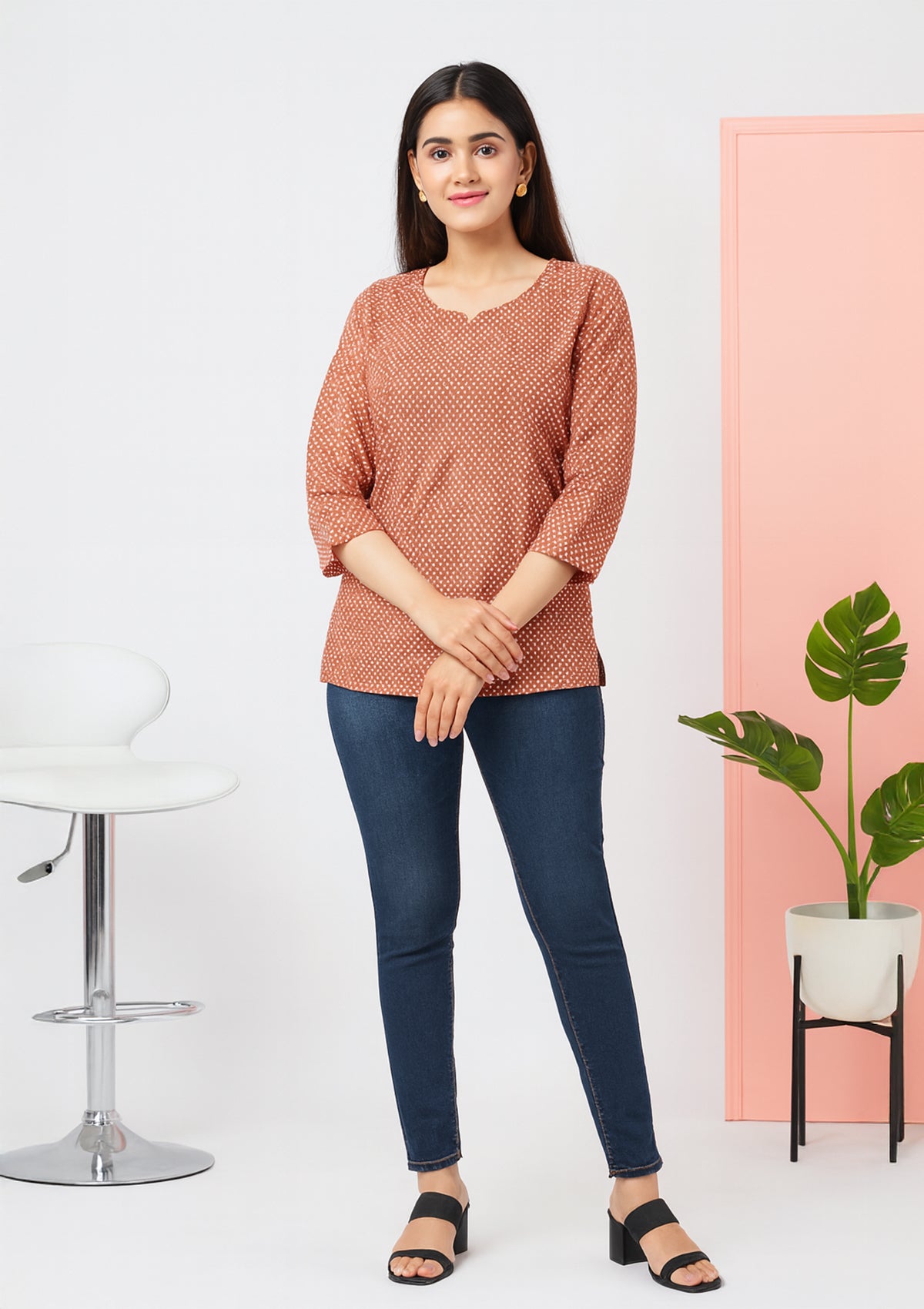 Rust Cotton Short Kurta Top – Mini Dot Print & Minimalist Chic