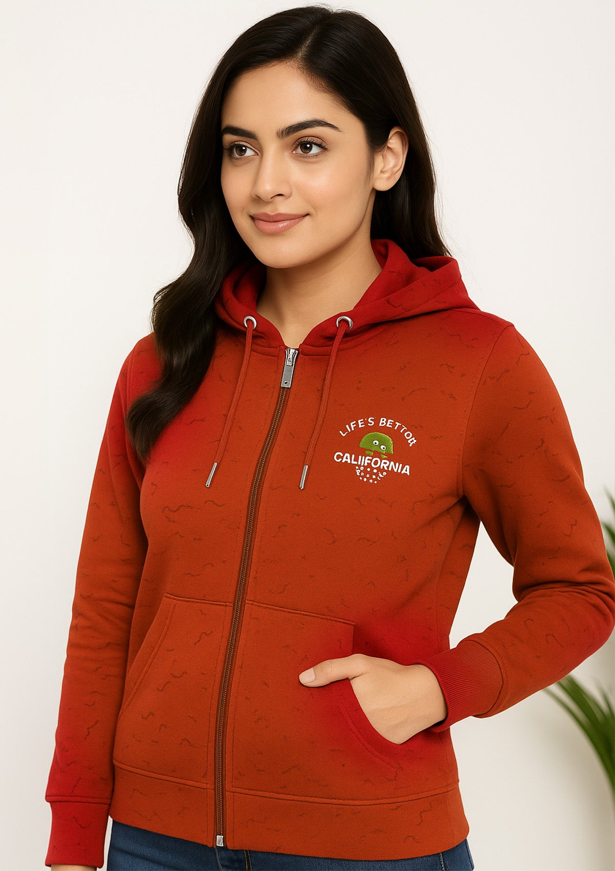 Rust Red California Zip Hoodie – Soft Fleece