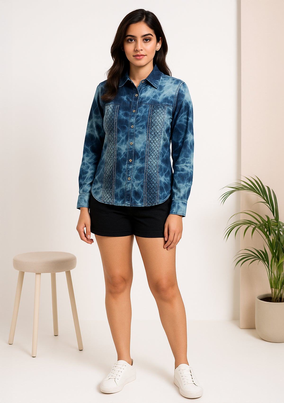 Women’s Blue Tie-Dye Denim Shirt – Diamond Stitch Detail