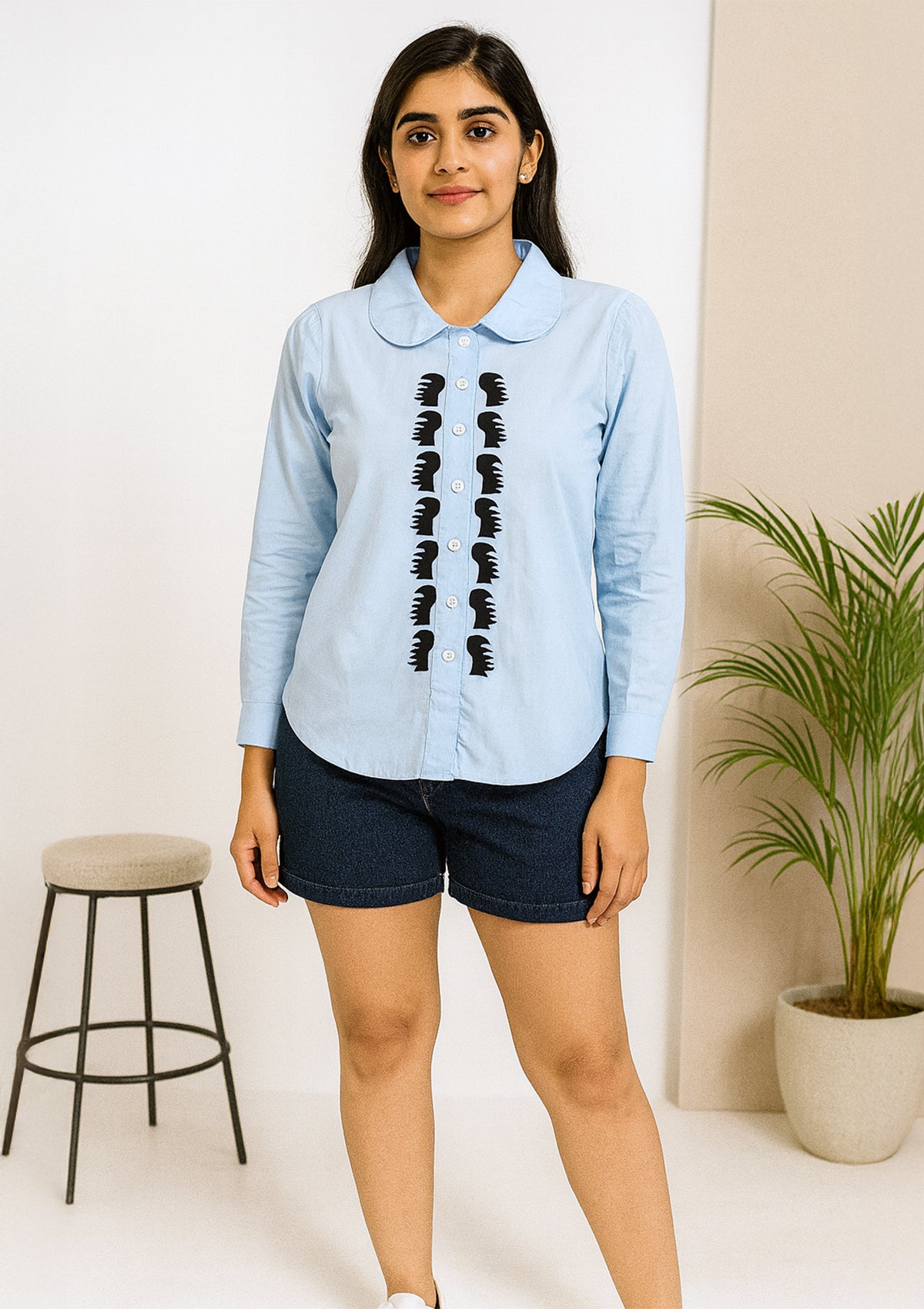 Women’s Light Blue Cotton Shirt – Bold Abstract Black Center Print