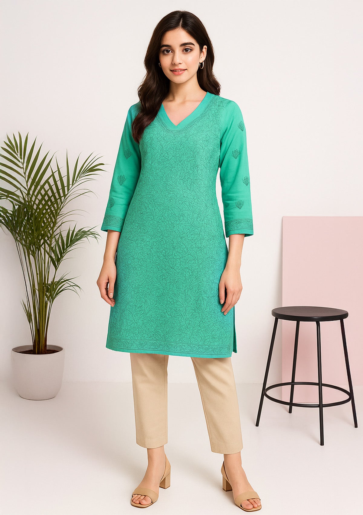 Women Cotton Kurti – Sky Green All-Over Floral Thread Embroidery