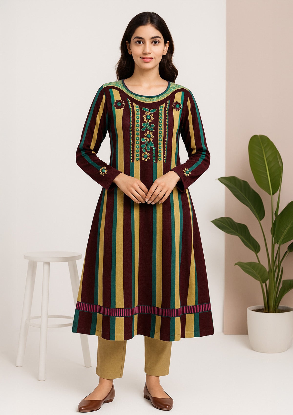 Women's Striped Floral Winter Knit Kurti – Embroidered Yoke