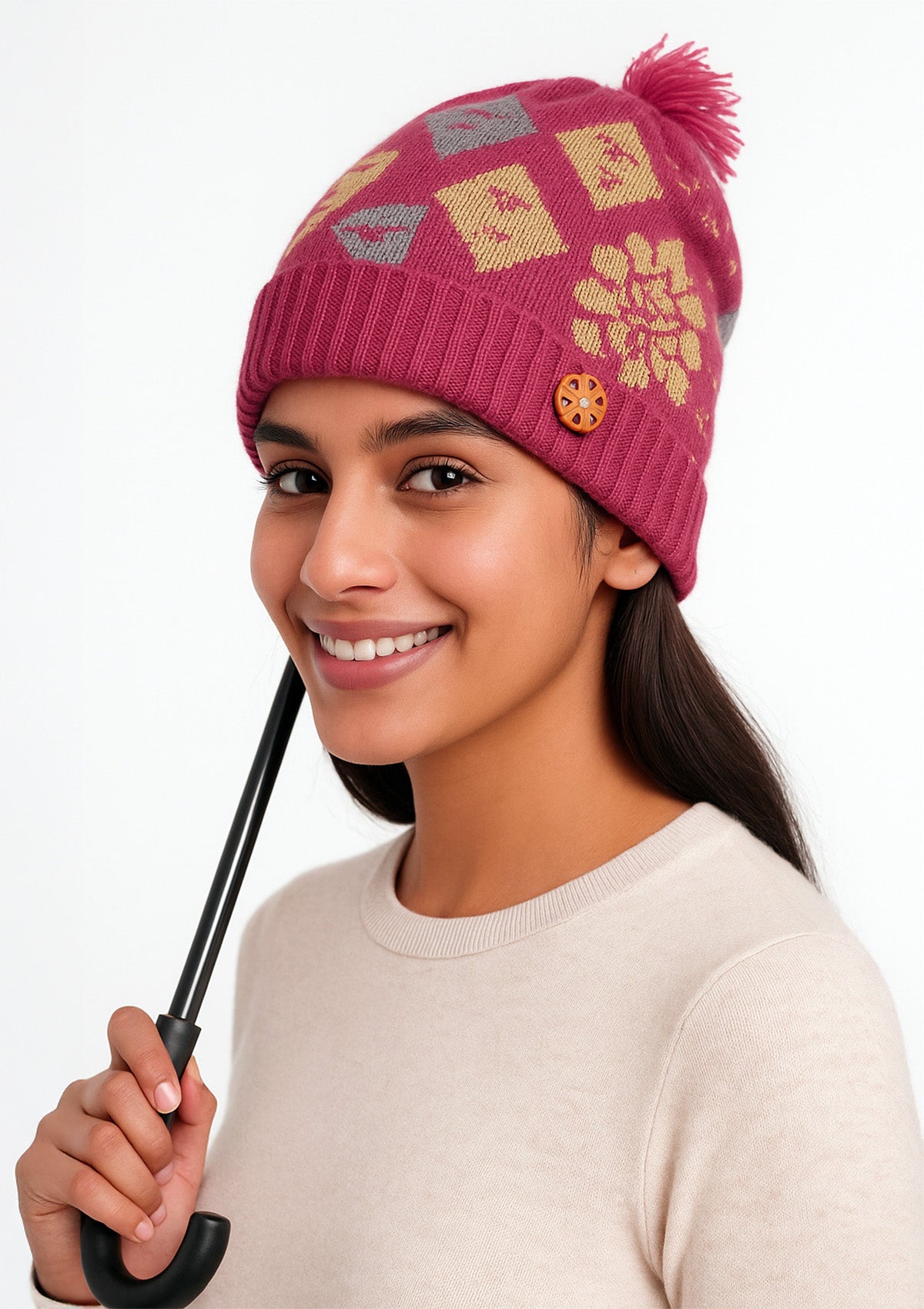 Women’s Pink Geometric Floral Woolen Winter Cap – Decorative Beads