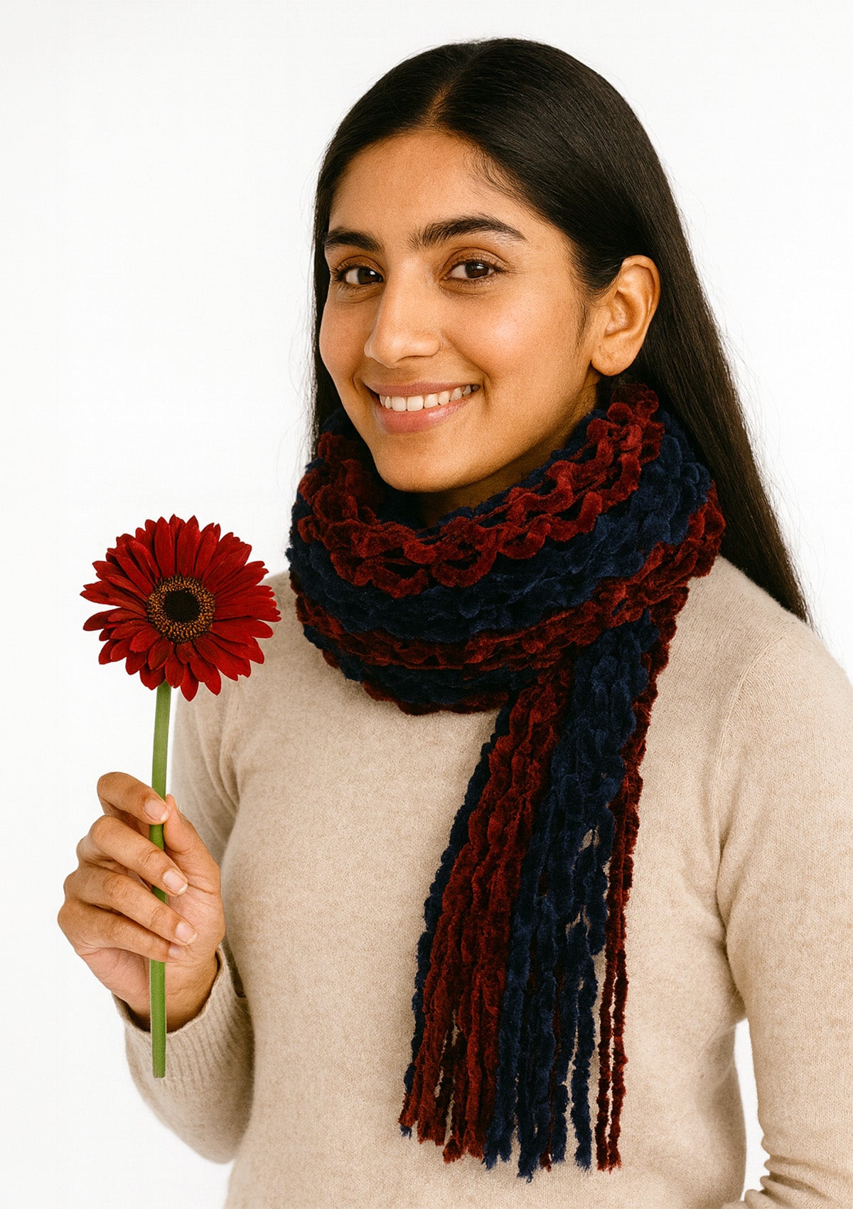 Women’s Maroon & Navy Blue Hand-Knitted Woolen Winter Cap with Scarve