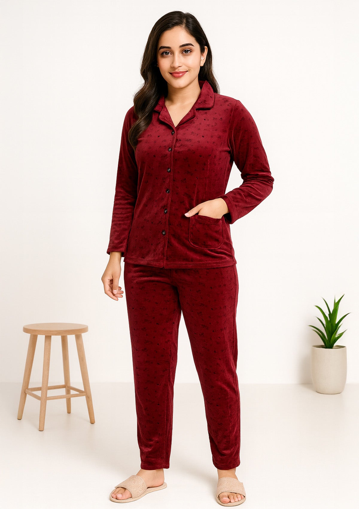 Velvet Night Suit for Women – Button Down Pajama Set