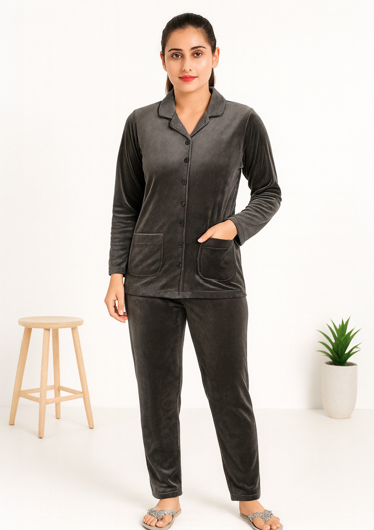 Velvet Night Suit for Women – Button Down Pajama Set