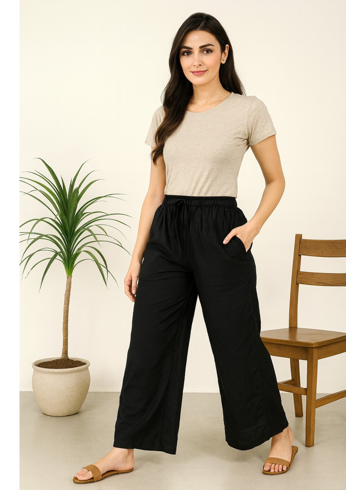 Women’s Black Rayon Palazzo – Flared Palazzo Pants with Pocket
