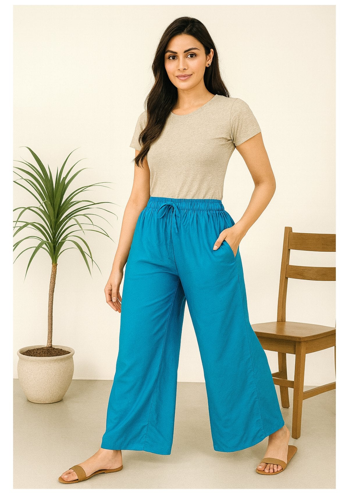 Women’s Blue Rayon Palazzo – Wide Leg Palazzo Pants with Pocket