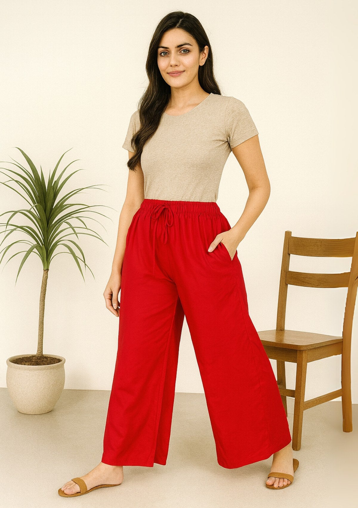 Women’s Red Rayon Palazzo – Flared Palazzo Pants with Pockets