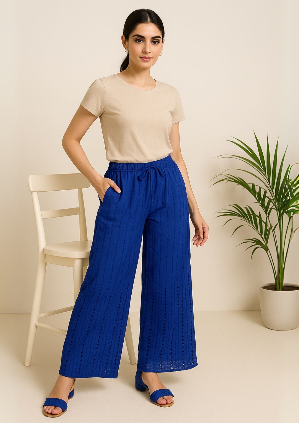 Women’s Blue Rayon Chikan Embroidery Palazzo – Flared Pant