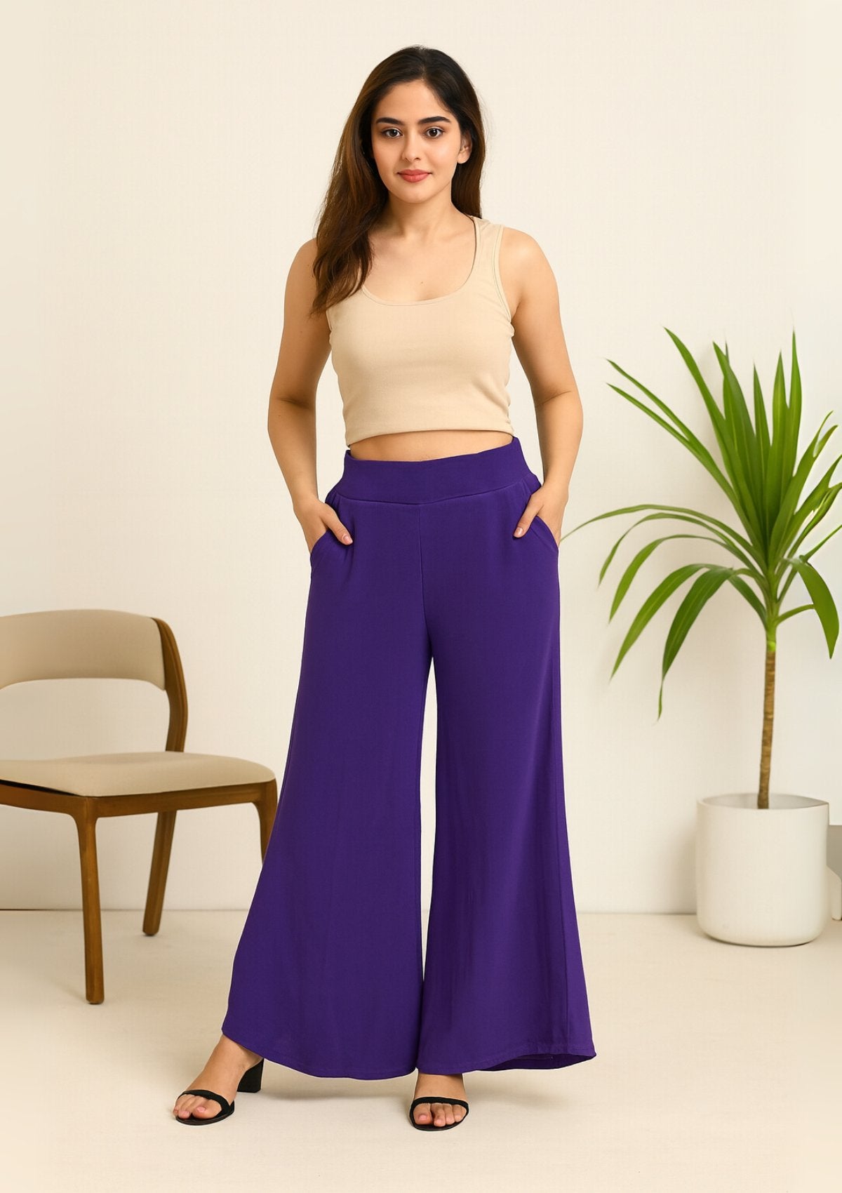 Women’s Purple Rayon Palazzo – Wide Leg Flared Pants