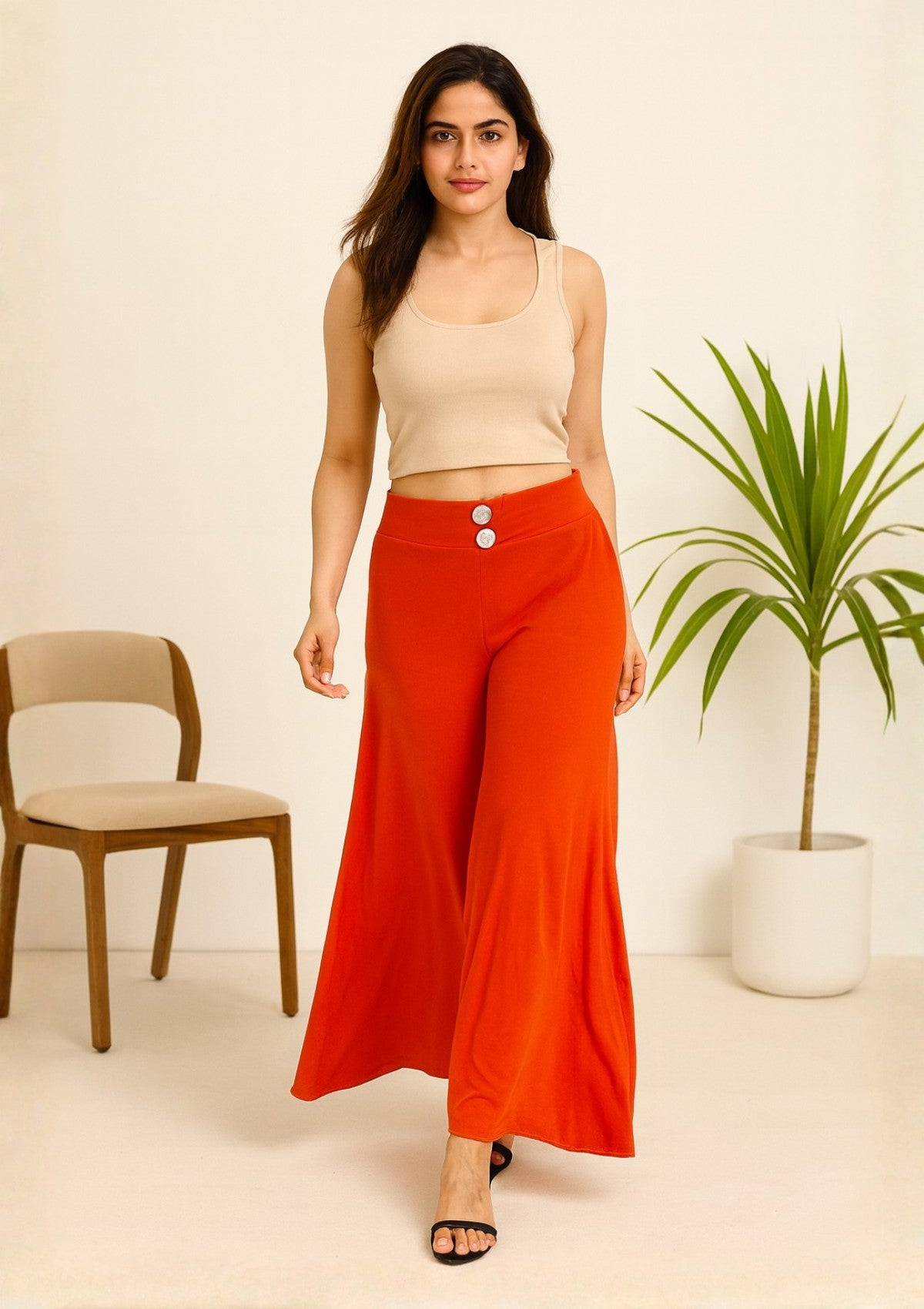 Women’s Orange Synthetic Palazzo – Wide Leg Flared Pants