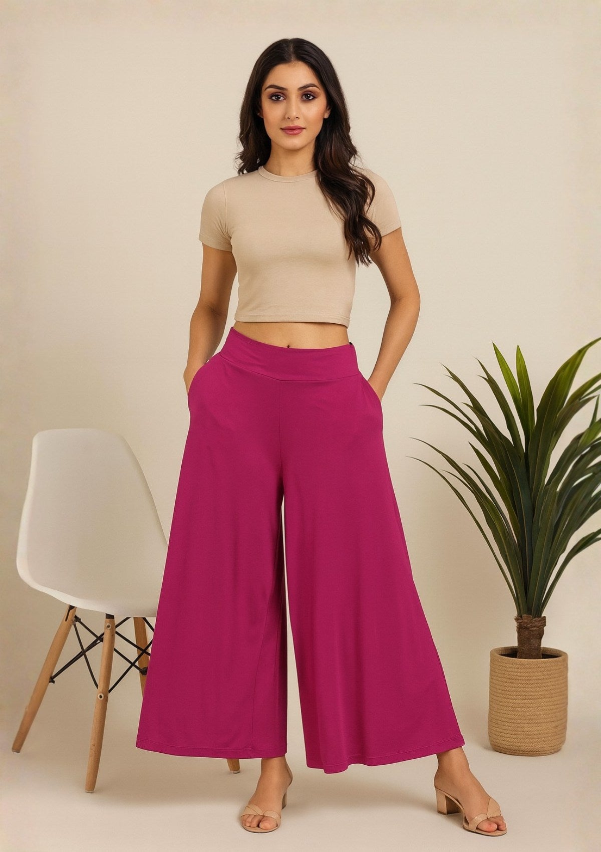 Women’s Pink Palazzo – Wide Leg Flared Pants for Casual Wear