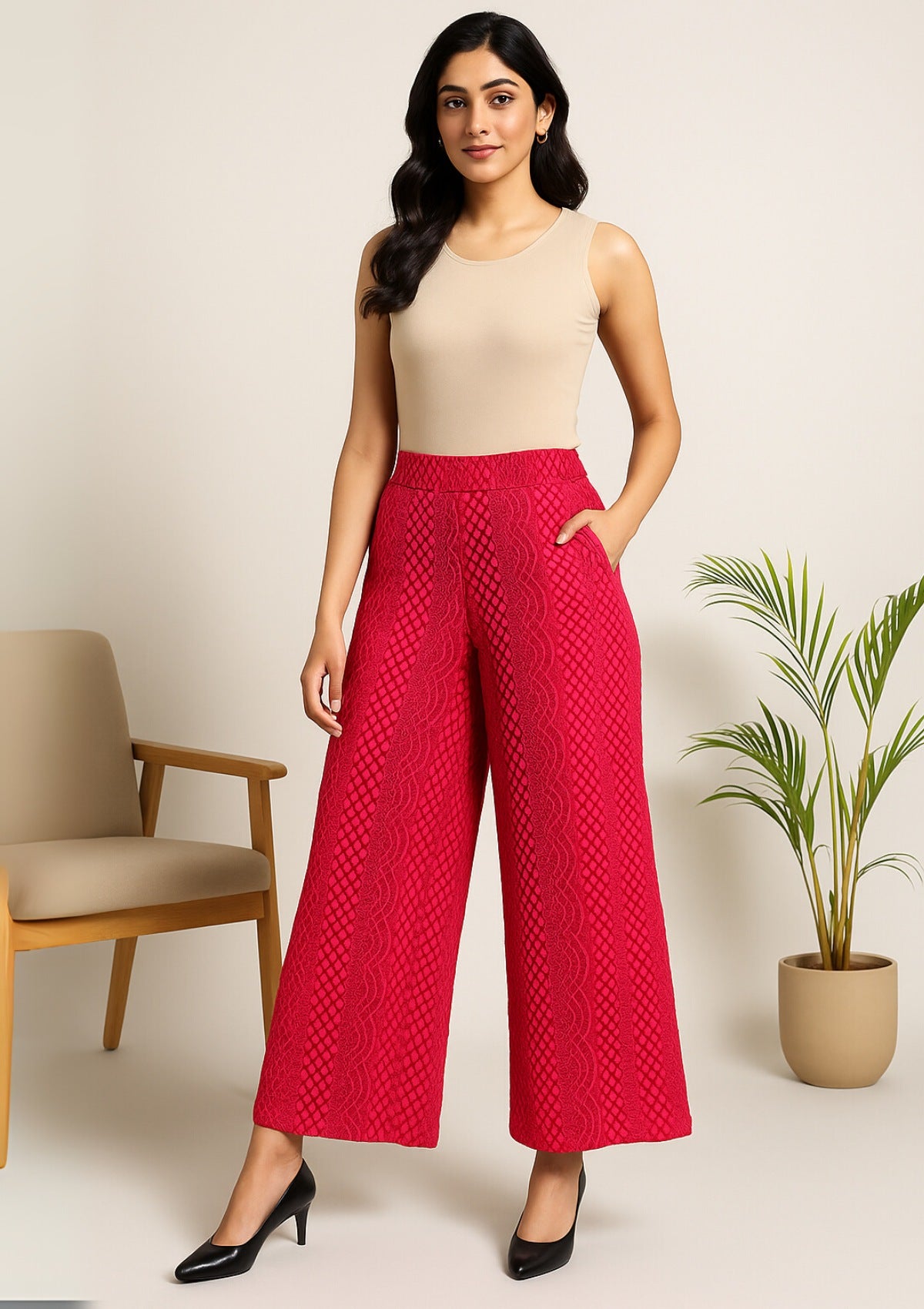 Women’s Pink Net Palazzo – Designer Wide Leg Palazzo Pants