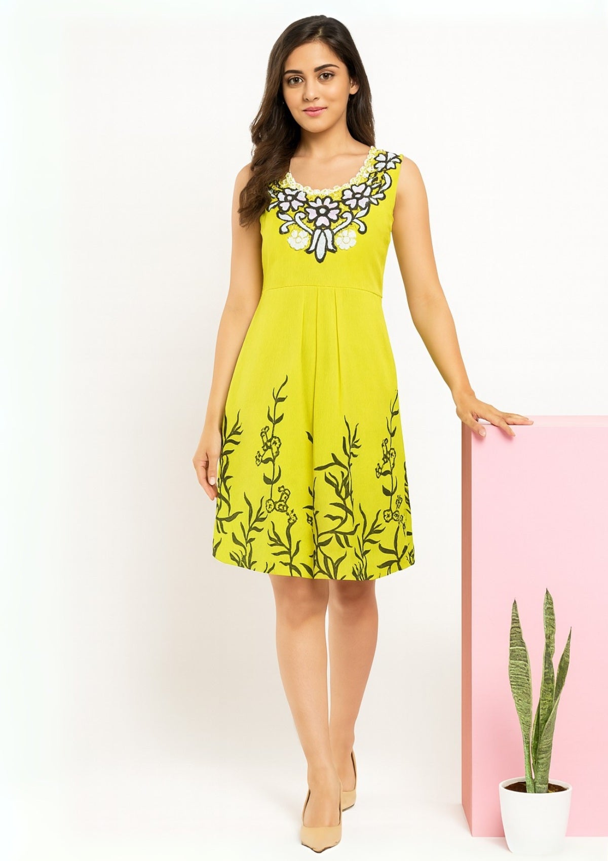 Yellow Net Embroidered PartyWear Dress – Floral Neckline