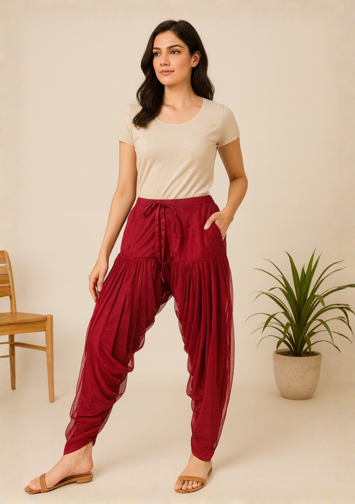 Women’s Maroon Khajuri Salwar – Classic Gathered Net Patiala Pants