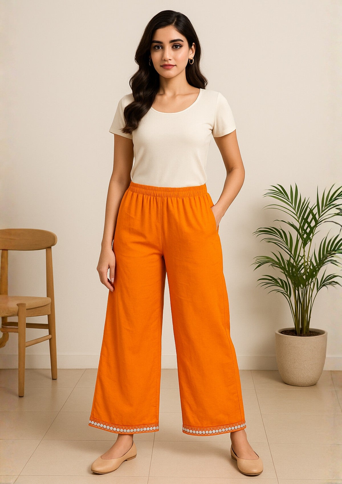 Women’s Orange Rayon Palazzo – Mirror Work Hem Palazzo