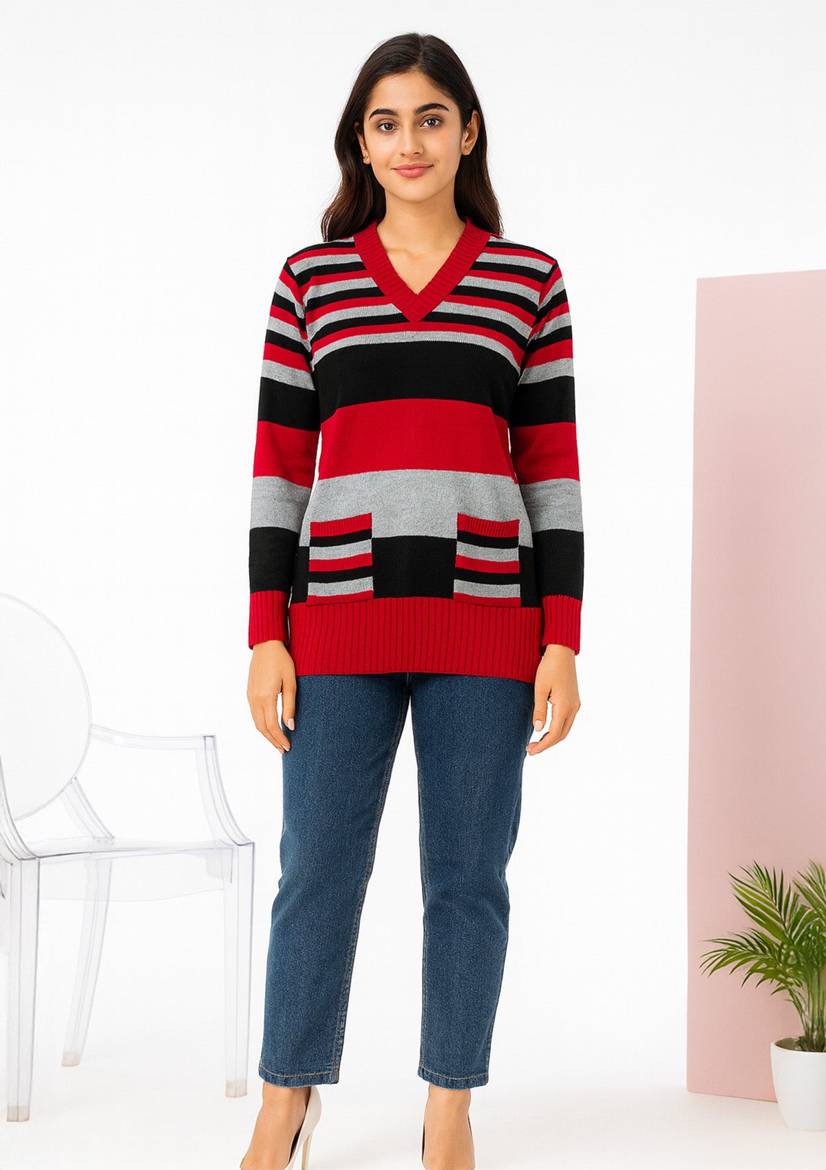 Premium Woolen Top for Women – V‑Neck Striped Knit Pullover