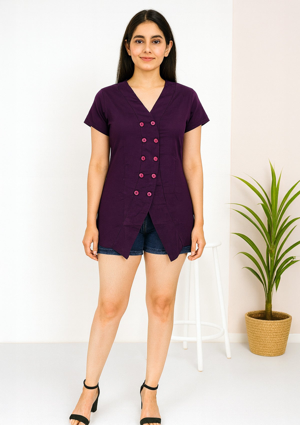Women's Purple Cotton Top – Double Button Front Design
