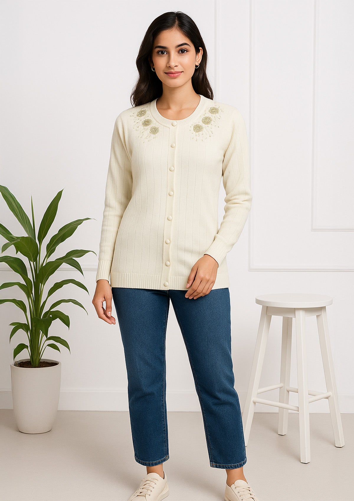 Women's Off-White Embellished Yoke Cardigan – Floral Beadwork