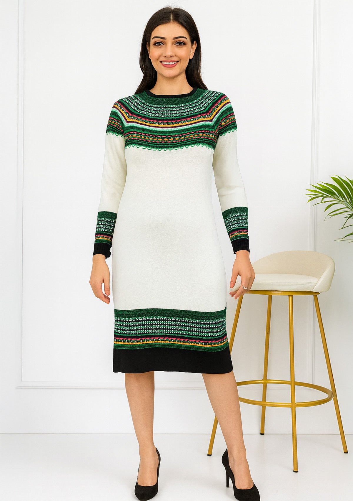 Premium Midi Dress Top – Woolen Knit with Cream & Green Accents