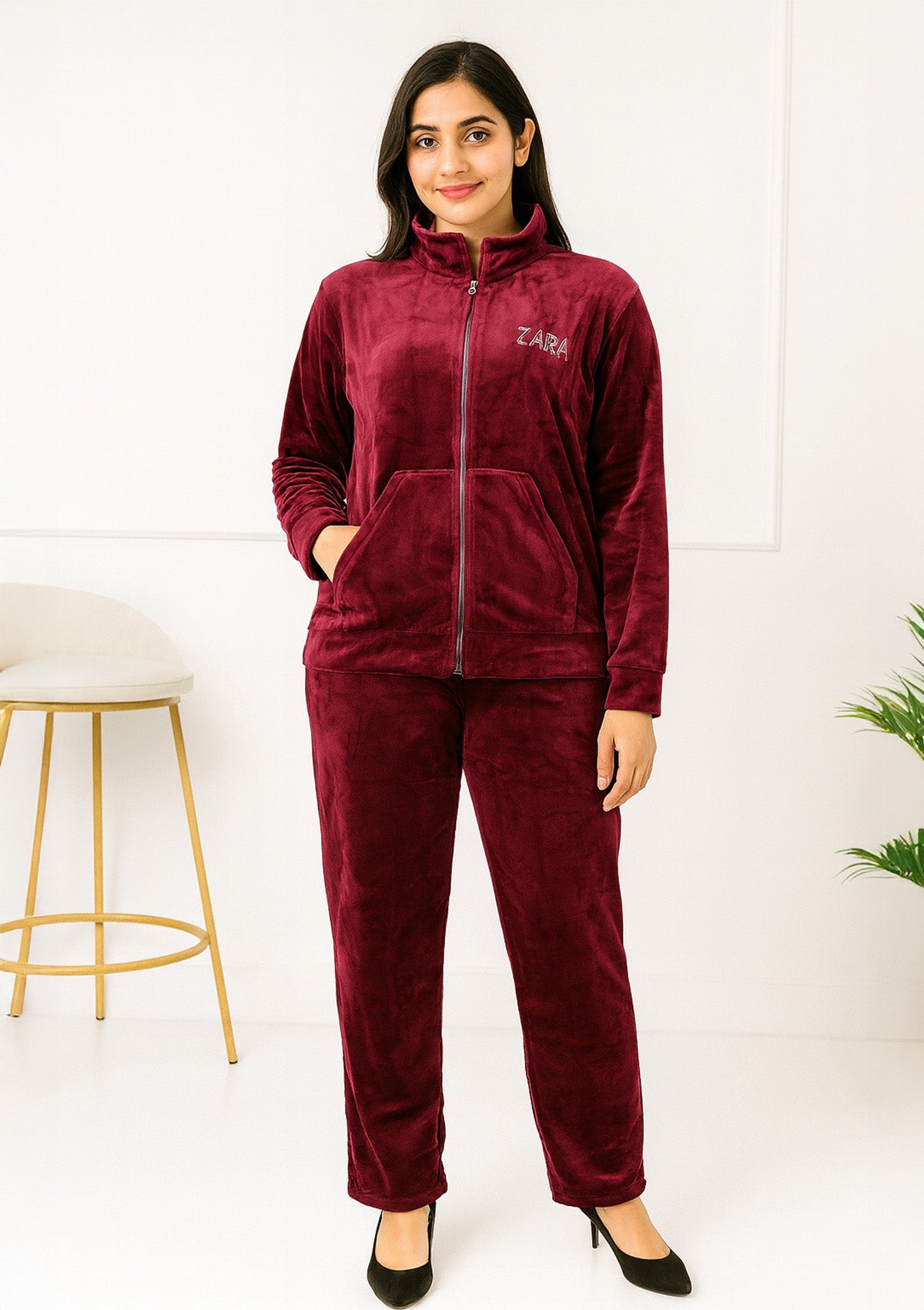 Velvet Tracksuit Set – Zip‑Up Hoodie and Jogger Pants