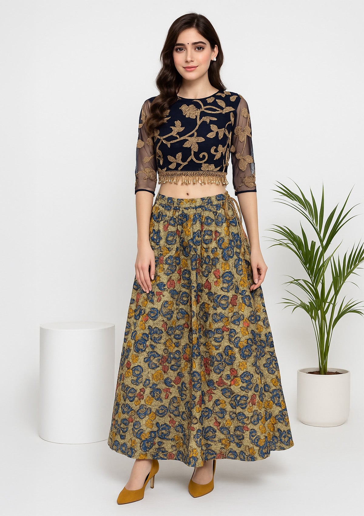 Girls’ Designer Skirt Top Set - Navy Blue Embroidered