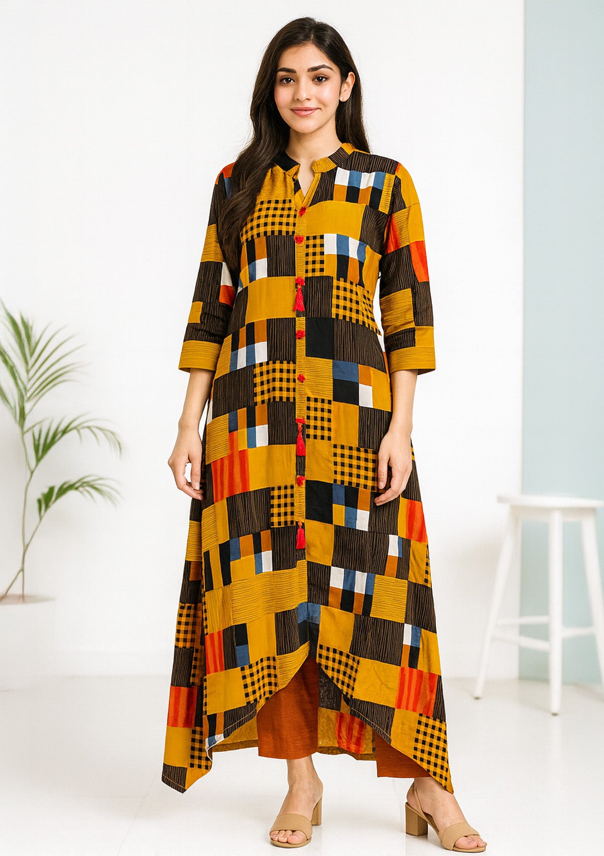 Designer Rayon A-line Kurti – Yellow Black Orange Check Print