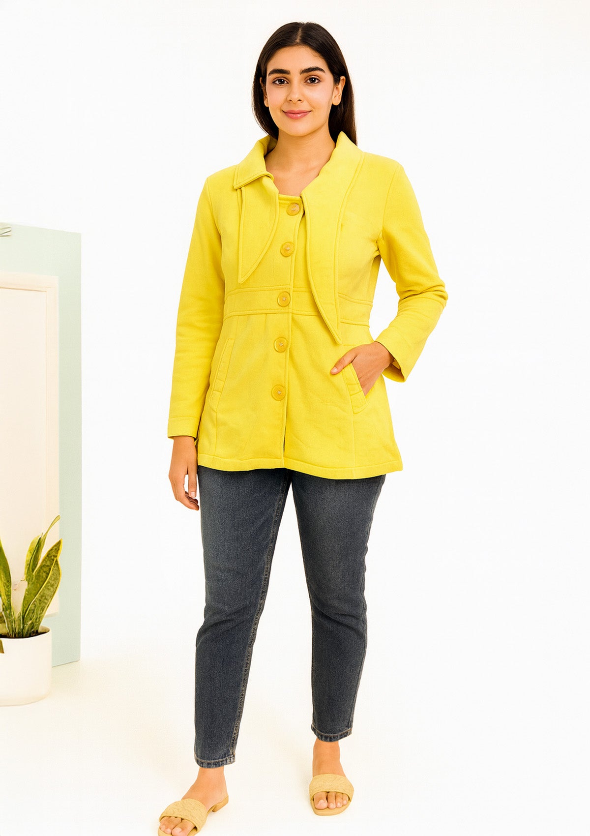Premium Yellow Buttoned Winter Coat – Fleece Blend