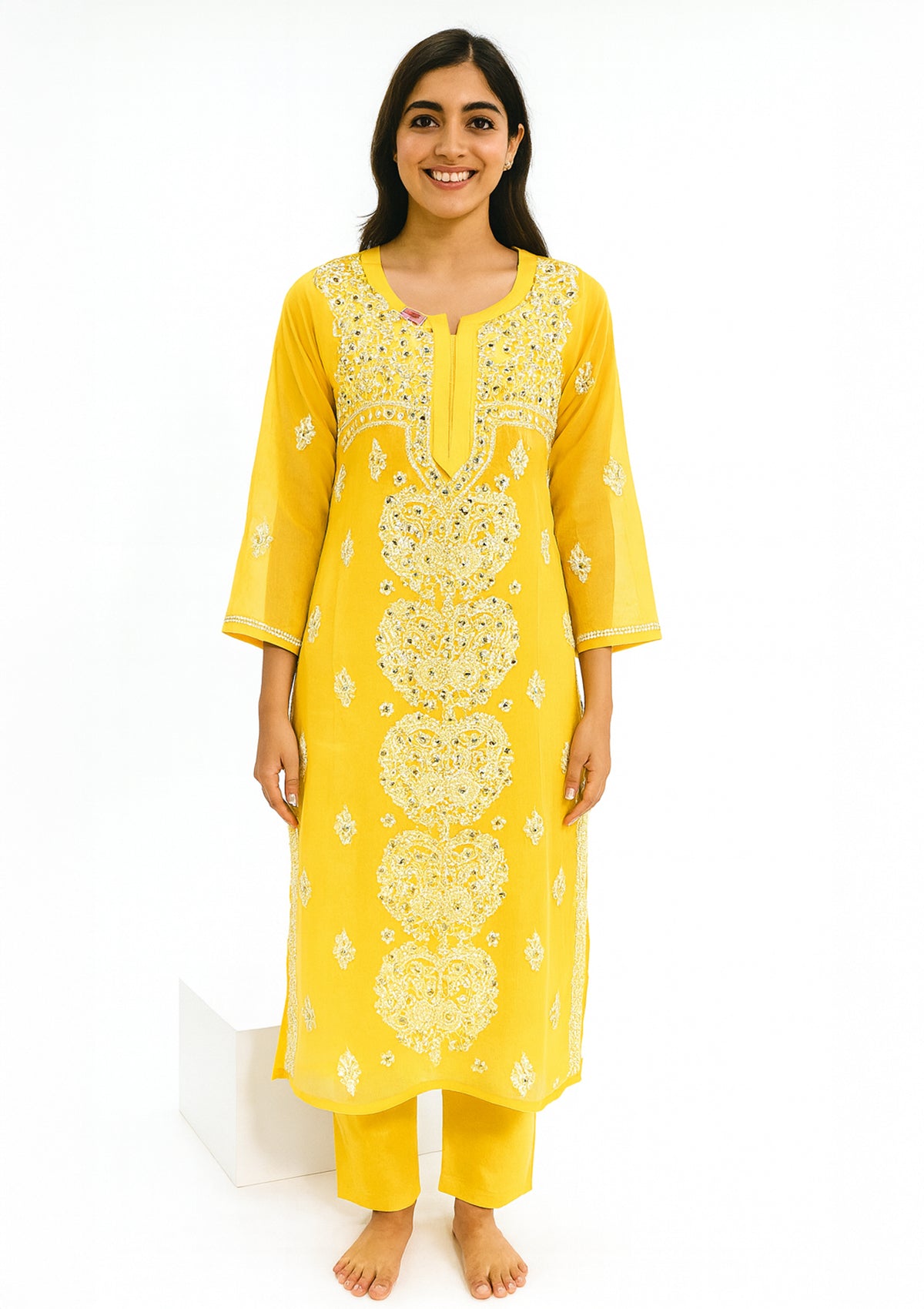 Yellow Georgette Kurti with Chikankari Embroidery & Mirror Work
