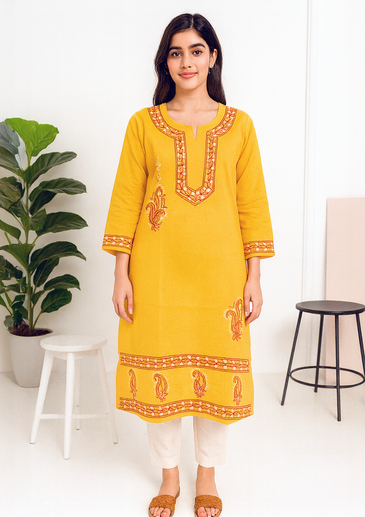 Women Cotton Kurti – Yellow with Red Paisley Embroidery