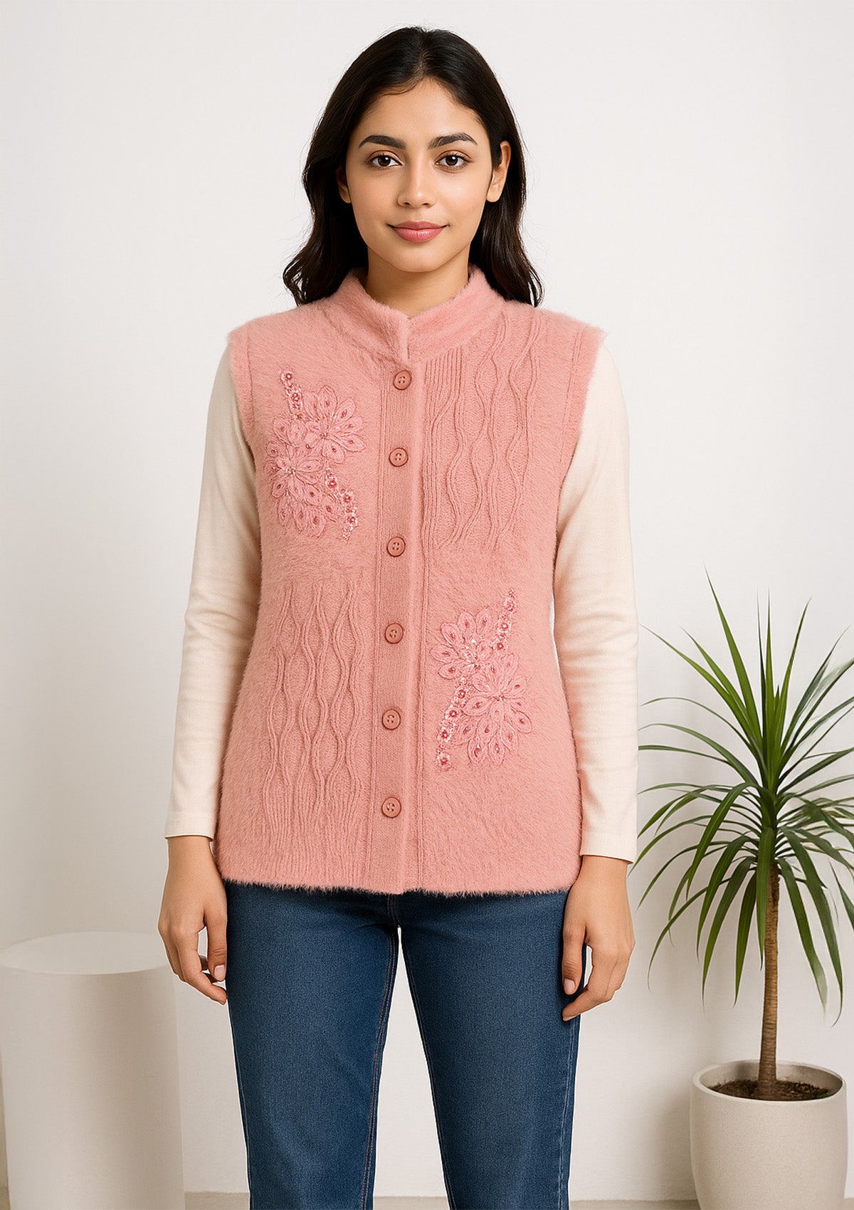 Feather Wool Sleeveless Cardigan – Coral Pink & Floral Embroidery