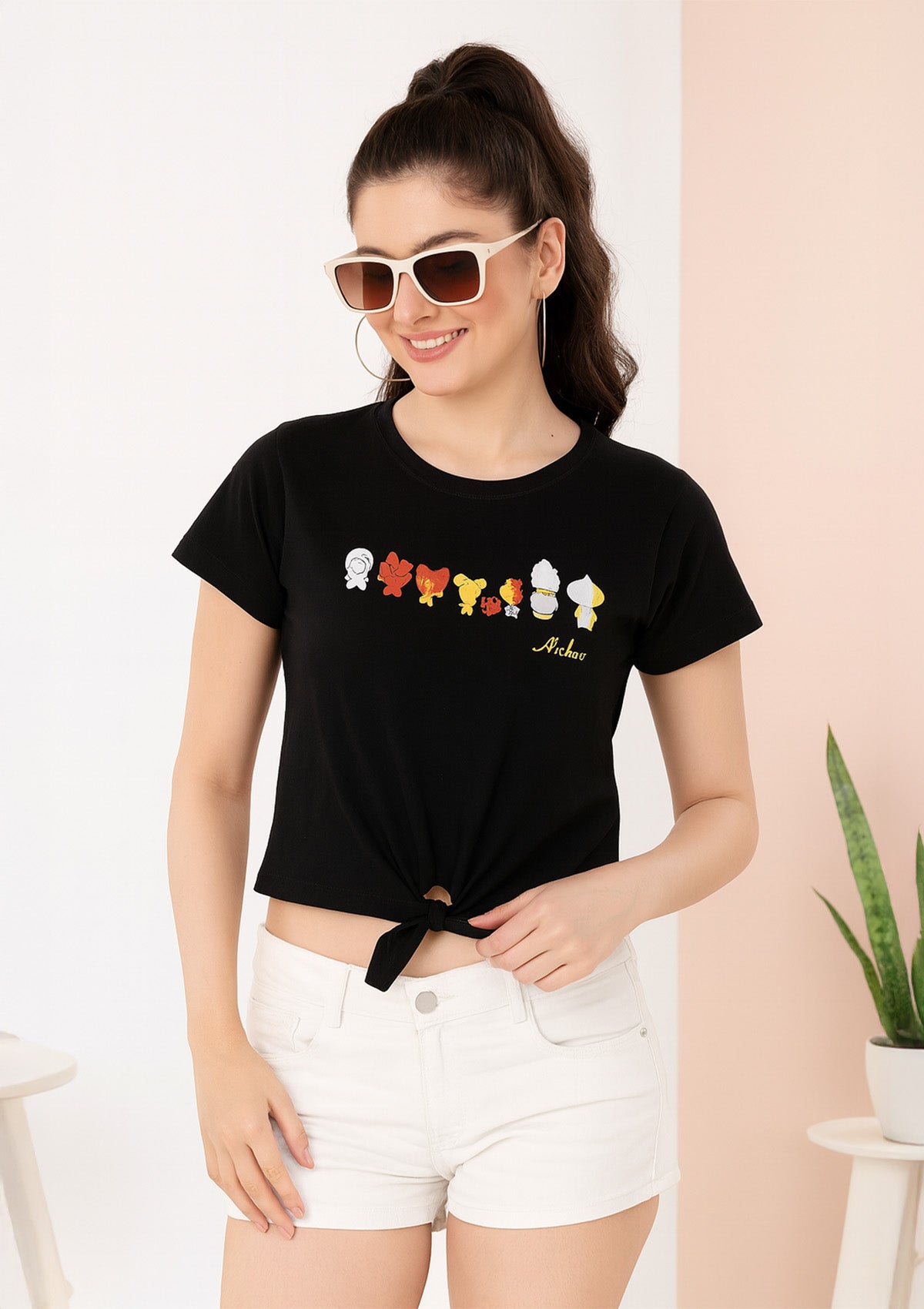 Women’s Graphic Tie Front Crop Top – Black Cotton Jersey
