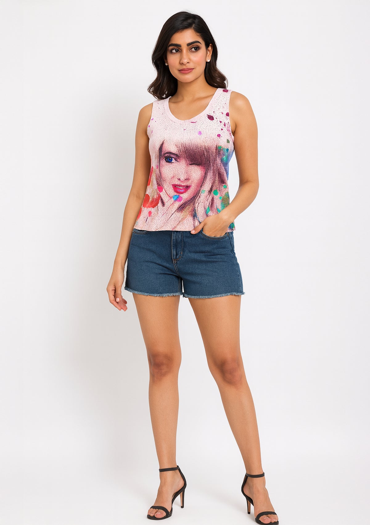 Women’s Sleeveless Multicolor Graphic Net Top – Trendy Printed